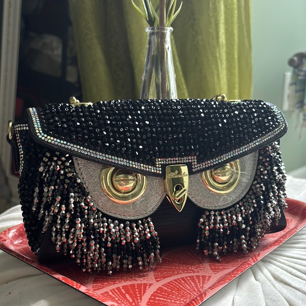 Owl Beaded Fringe Clutch in Black with Gold Hardware